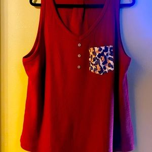 Valphsio Womens V Neck Flowy Tank Waffle Knit Burgundy with Leopard Pocket XXL